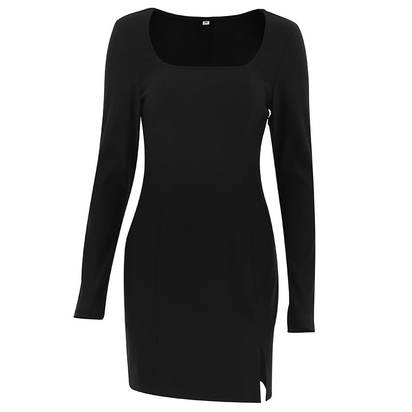 French Hepburn Black Dress High Grade Niche Square Collar Split Tight Women Spring Dress - Fashionpara