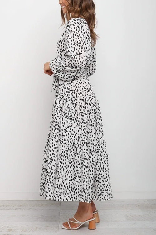 Print Belted Long Sleeve Maxi Dress - Fashionpara