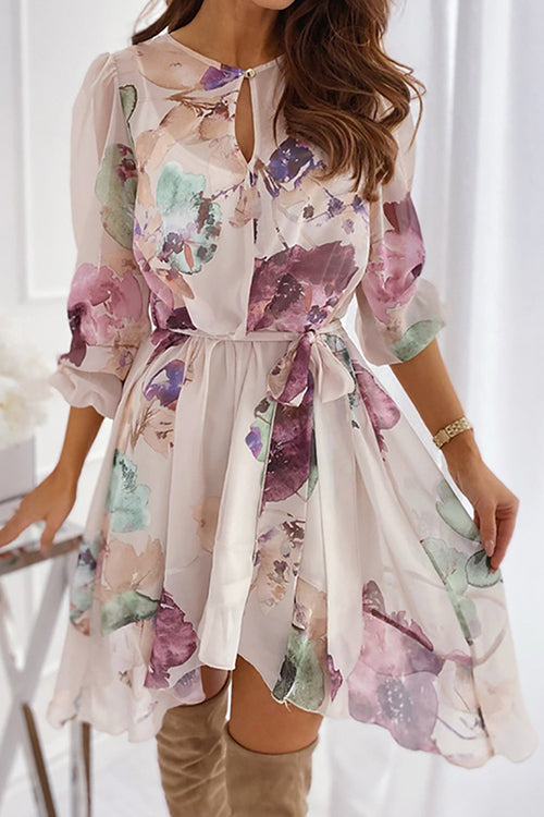 Floral Bleted long Sleeve Mini Dress - Fashionpara