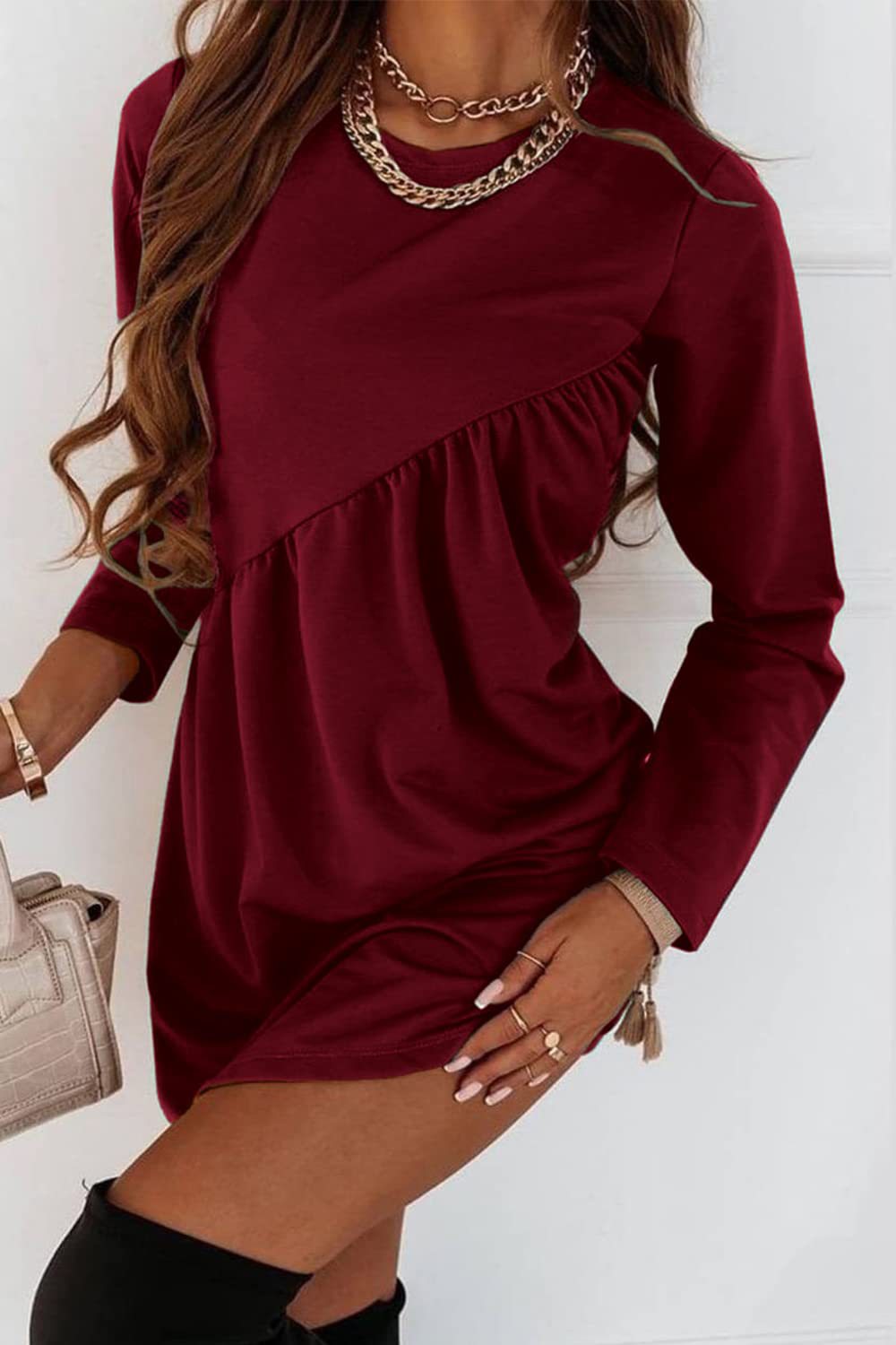 O Neck Long Sleeve Babydoll Tunic Dress - Fashionpara