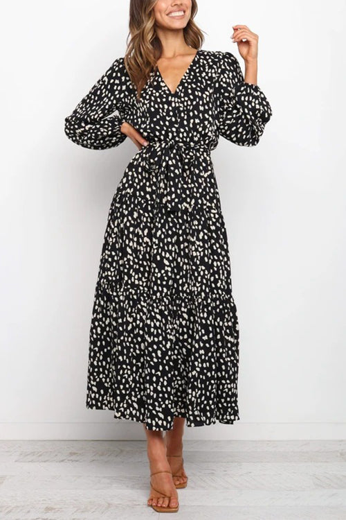 Print Belted Long Sleeve Maxi Dress - Fashionpara