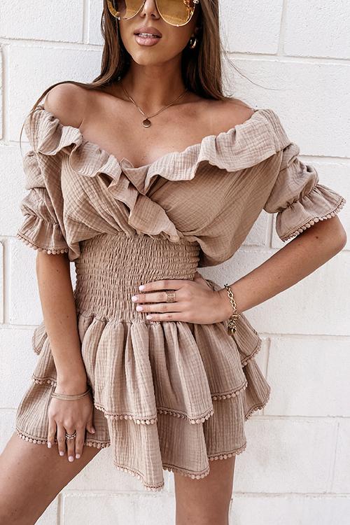 Elastic Ruffles V Neck Mini Dress - Fashionpara