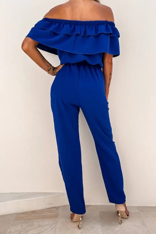 Ruffles Off the Shoulder Drawstring Jumpsuits - Fashionpara