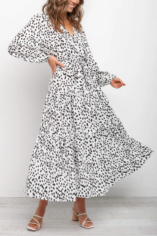 Print Belted Long Sleeve Maxi Dress - Fashionpara