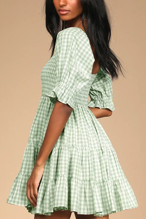 Smocked Gingham Babydoll Dress - Fashionpara