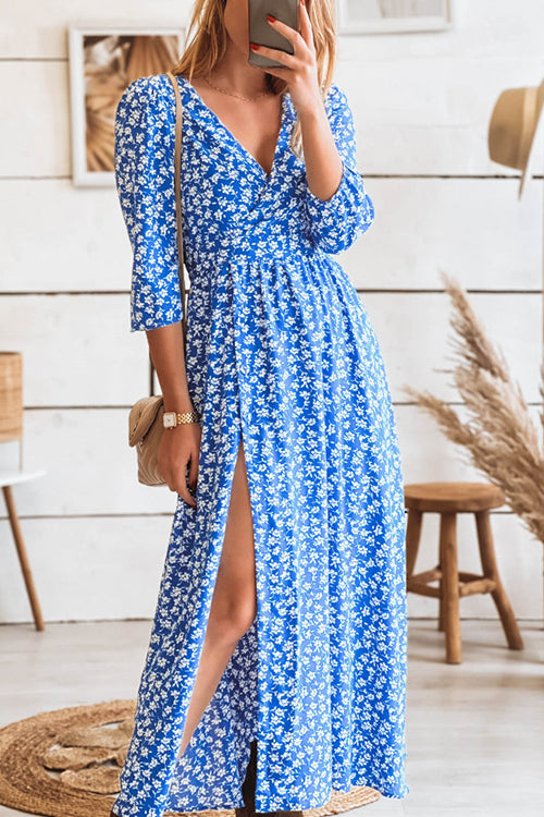 Print Seven Sleeve Slit Wrap Maxi Dress - Fashionpara