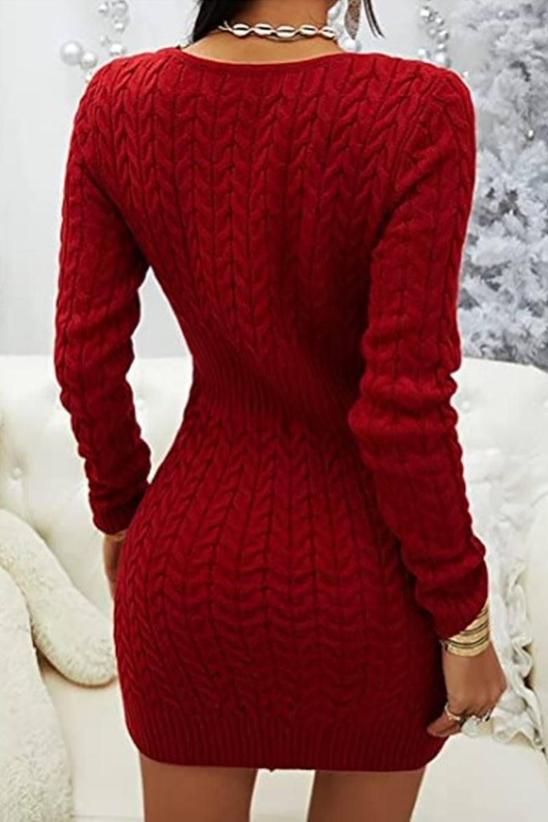 Zipper V Neck Bodycon Sweater Dress - Fashionpara