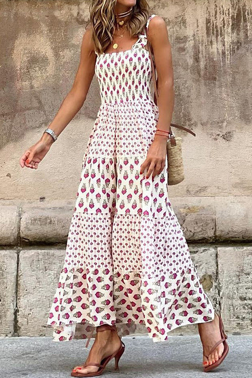 Printed Smocked Ruffle Maxi Dress - Fashionpara