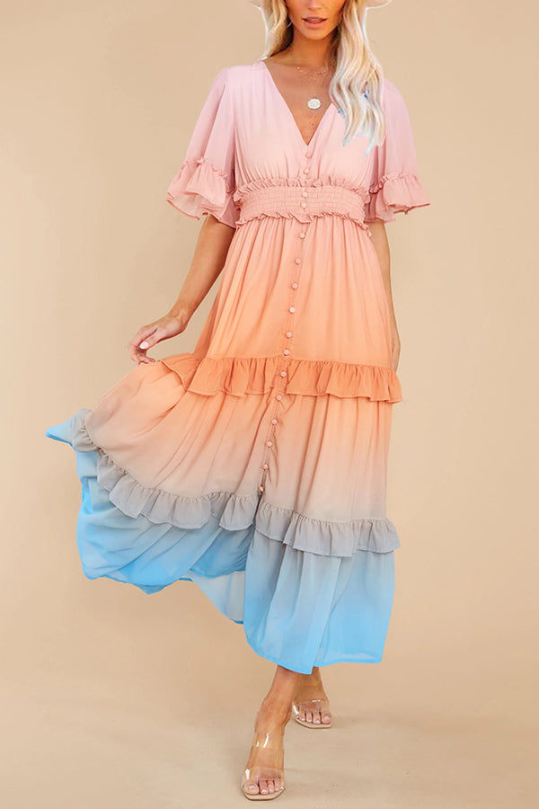 Ombre Sunset Ruffles Maxi Dress - Fashionpara