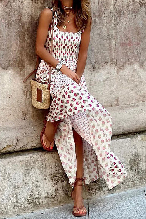 Printed Smocked Ruffle Maxi Dress - Fashionpara