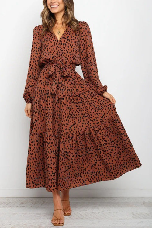 Print Belted Long Sleeve Maxi Dress - Fashionpara