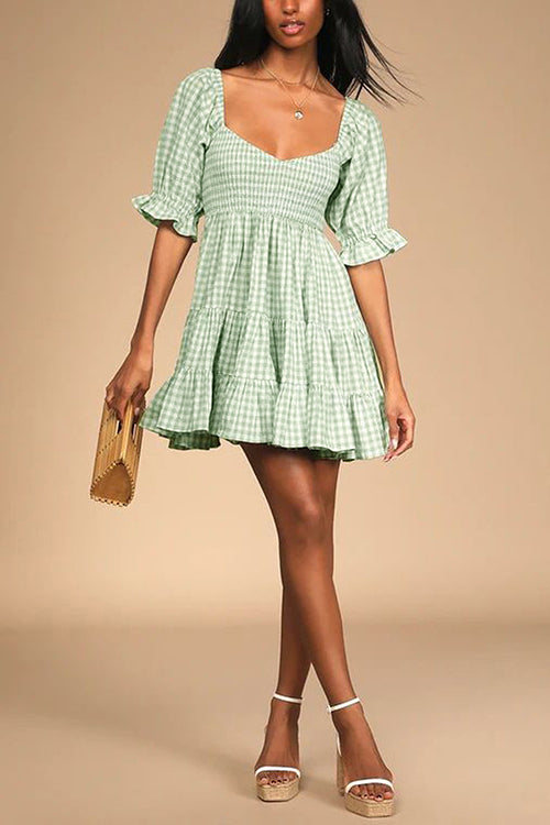 Smocked Gingham Babydoll Dress - Fashionpara