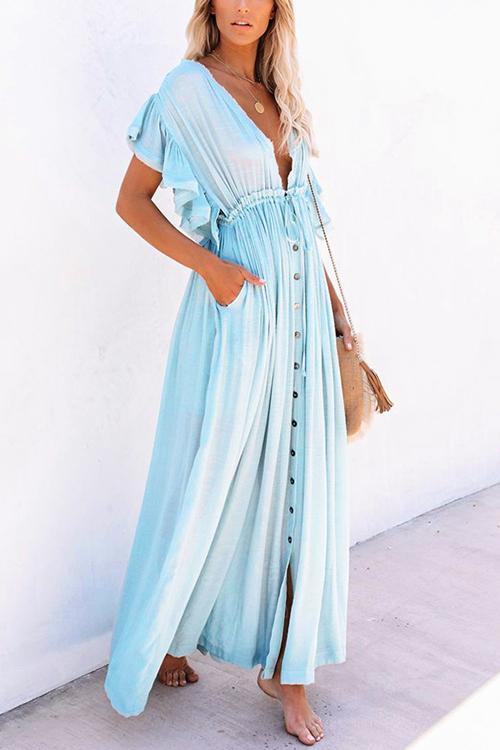 Button Drawstring Waist Bat Maxi Cover Dress - Fashionpara