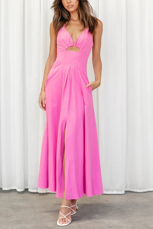 Cut Out Backless V Neck Maxi Dress - Fashionpara