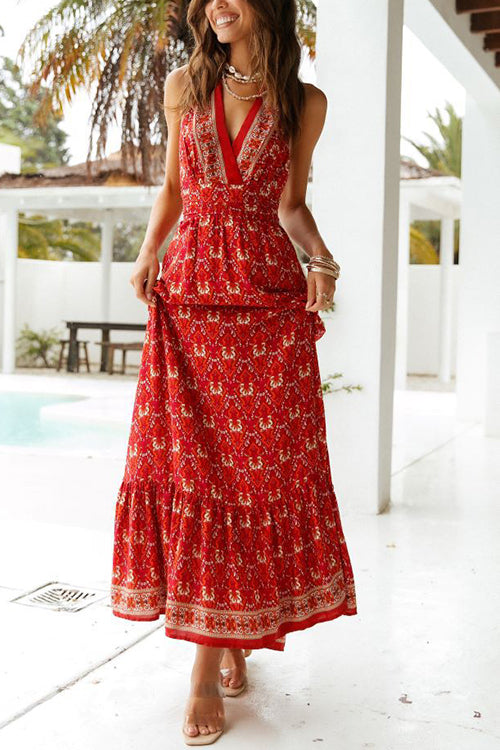 Floral V Neck Halter Neck Backless Maxi Dress