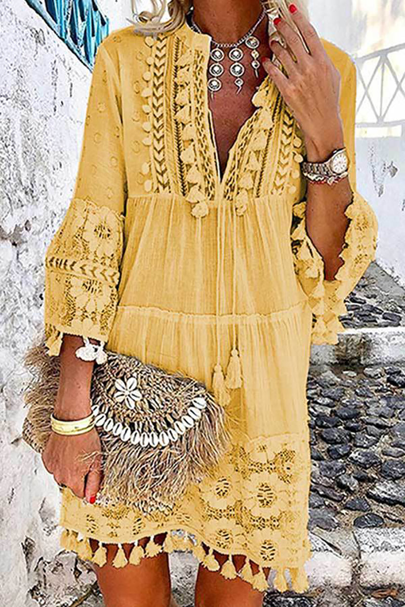 Boho Tassels V Neck Seven Sleeve Dress - Fashionpara