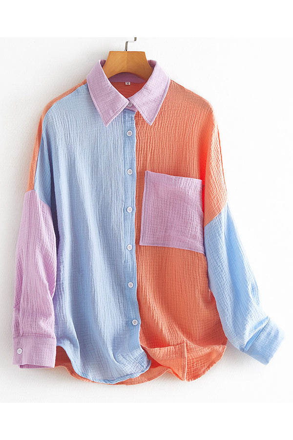 Color Block Textured Button Shirt with Pocket - Fashionpara