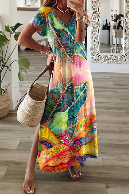 Ambilight Print V Neck Slit Maxi Dress - Fashionpara