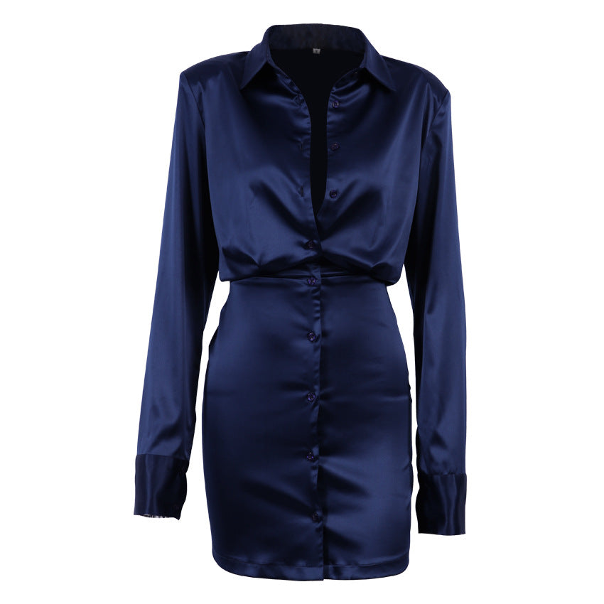 Long Sleeve Shirt Dress Padded Shoulder Autumn New Sexy Slim-Fit Hip-Wrapped Short Dress Women Clothing - Fashionpara