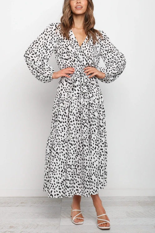 Print Belted Long Sleeve Maxi Dress - Fashionpara