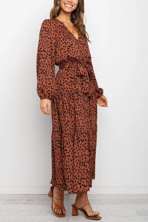 Print Belted Long Sleeve Maxi Dress - Fashionpara