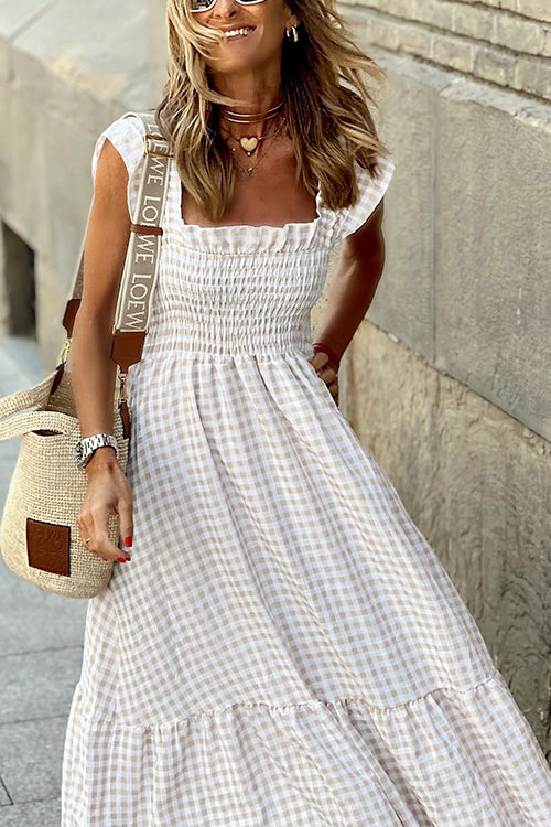 Plaid Ruffles Smocked Maxi Dress - Fashionpara