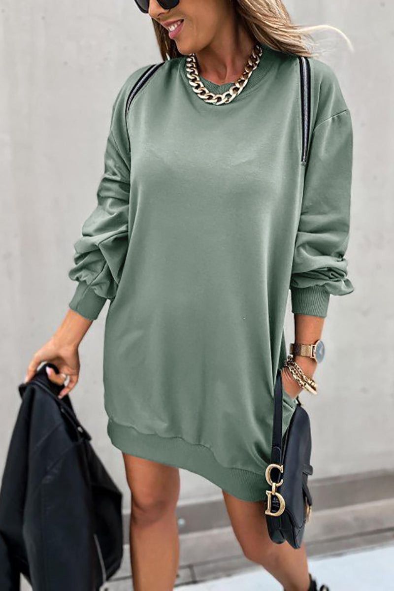 Zipper Slit O Neck Hoodie Dress - Fashionpara