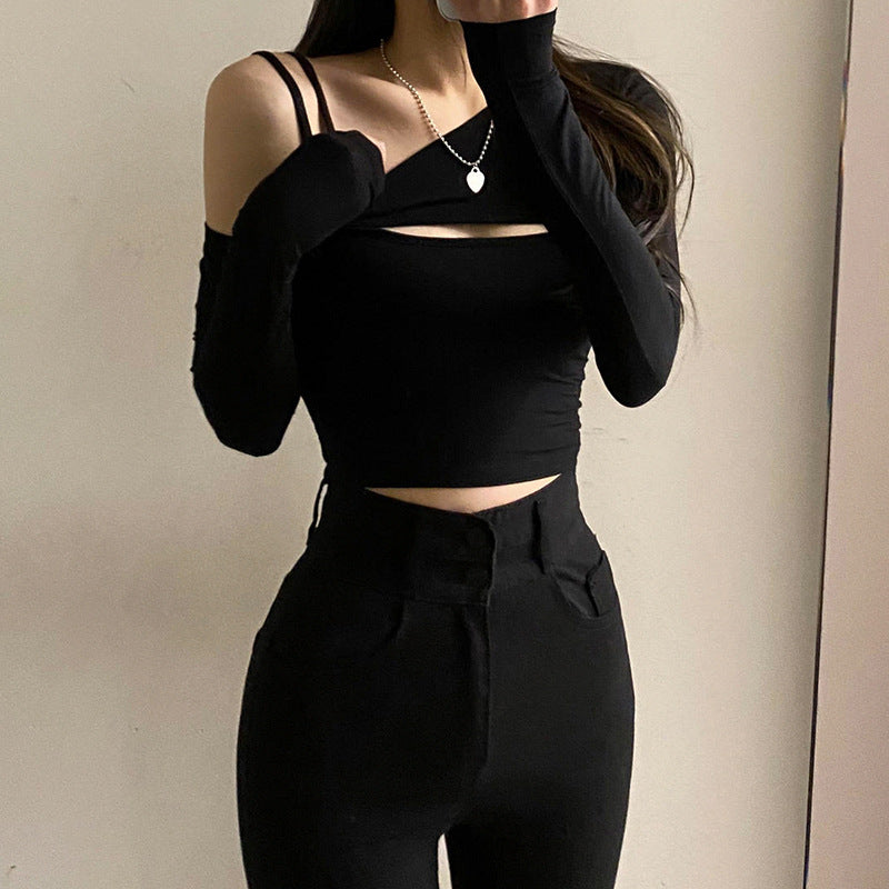 Spring Summer Solid Color Sexy Off Shoulder Diagonal Collar Chest Hollow Out Cutout Vest Long Sleeve T Shirt Two Piece Set Women