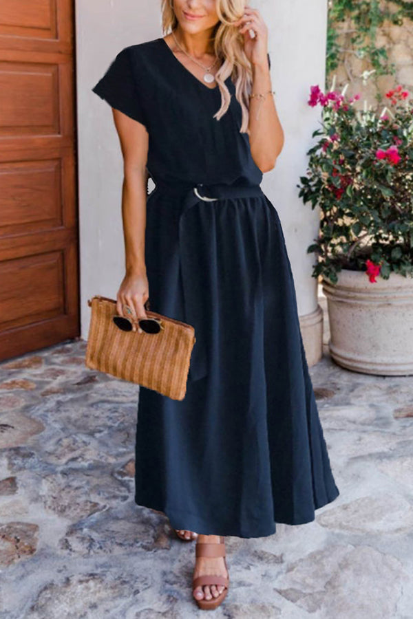 V Neck Belted Maxi Dress - Fashionpara