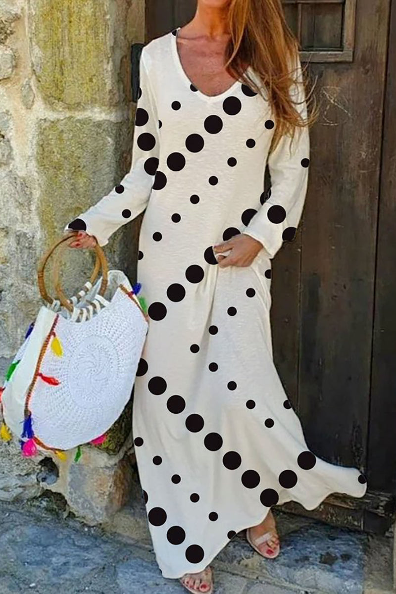 Dot V Neck Long Sleeve Maxi Dress - Fashionpara