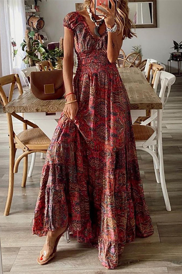 Print V Neck Smocked Maxi Dress - Fashionpara