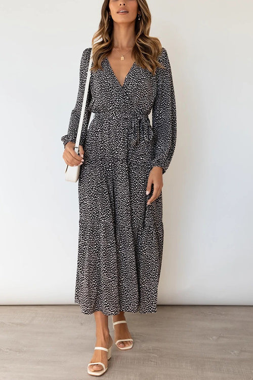 Print Belted Long Sleeve Maxi Dress - Fashionpara