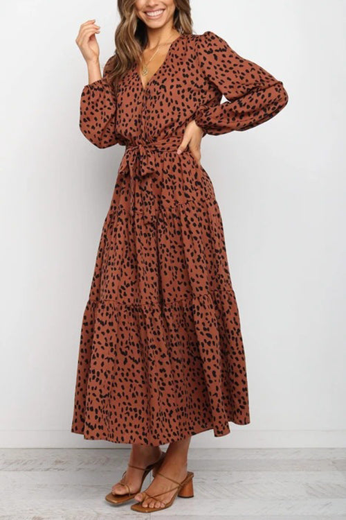 Print Belted Long Sleeve Maxi Dress - Fashionpara