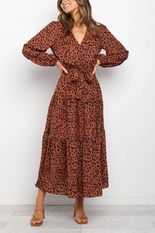 Print Belted Long Sleeve Maxi Dress - Fashionpara