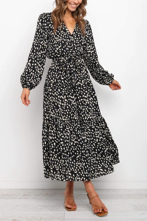 Print Belted Long Sleeve Maxi Dress - Fashionpara