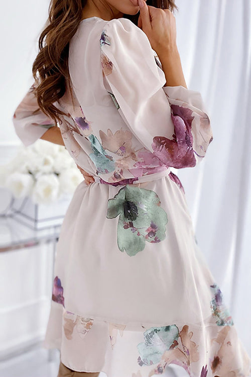 Floral Bleted long Sleeve Mini Dress - Fashionpara