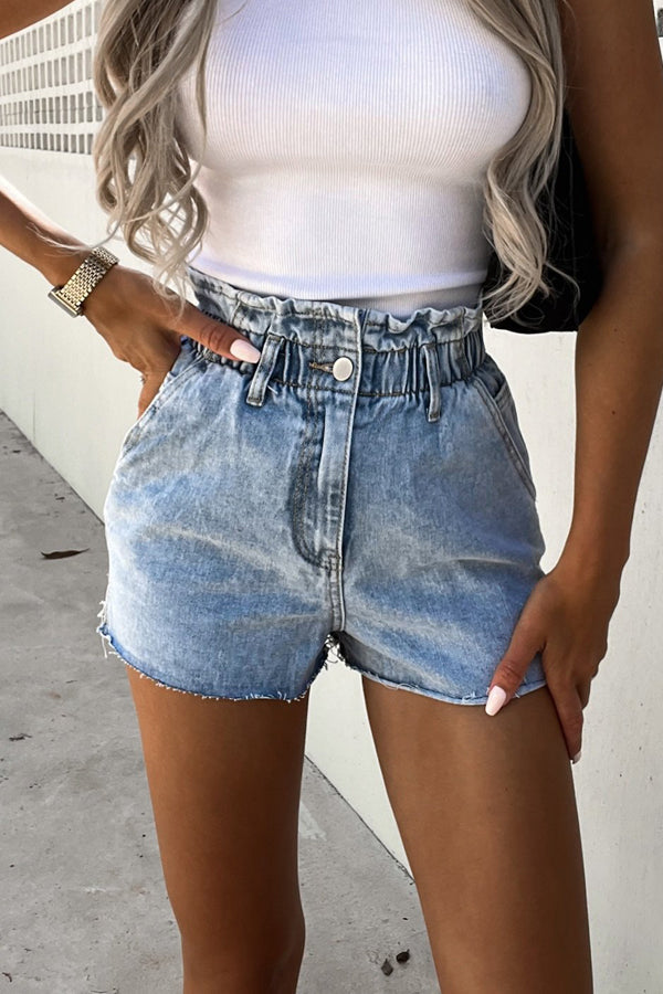 Sundays At The Market Cuffed Denim Paperbag Shorts - Fashionpara