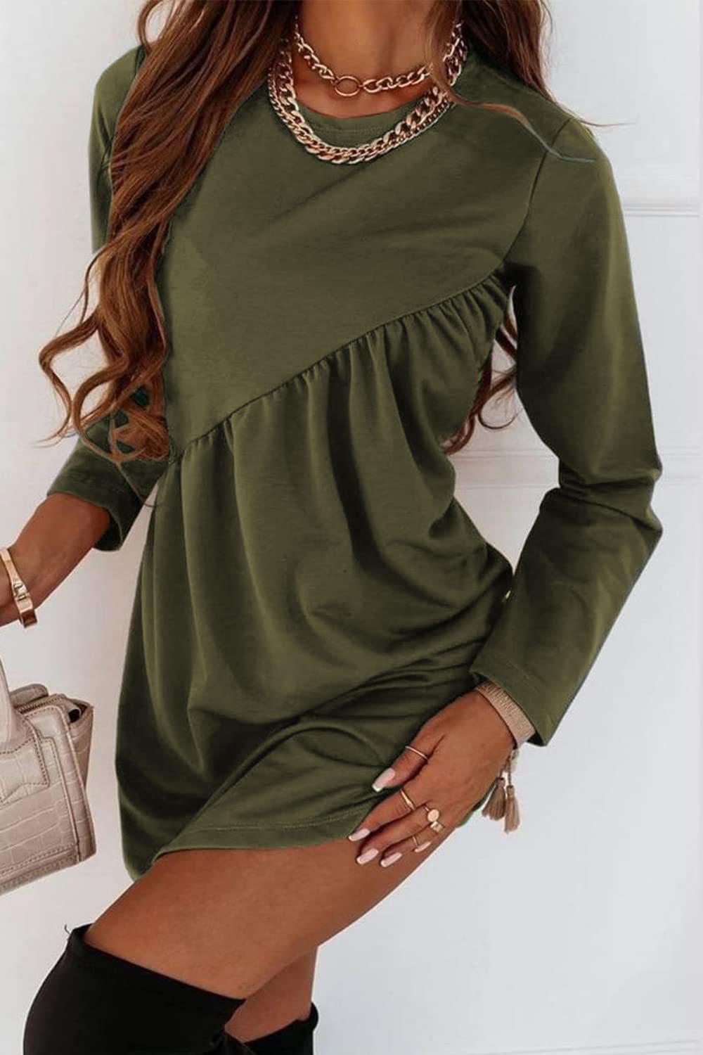 O Neck Long Sleeve Babydoll Tunic Dress - Fashionpara