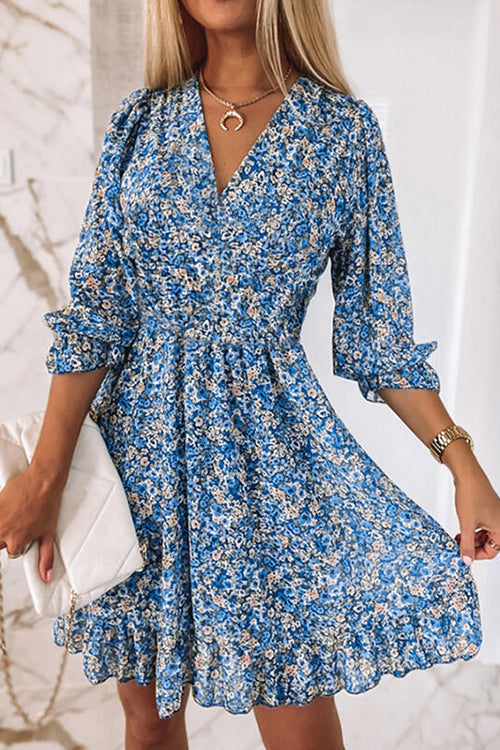 Floral V Neck Elastic Waist Mini Dress - Fashionpara