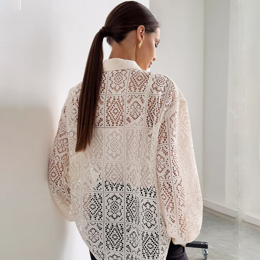 Lace Hollow Out Cutout Shirt   Office Women's Clothing Design Long Sleeve Shirt Women