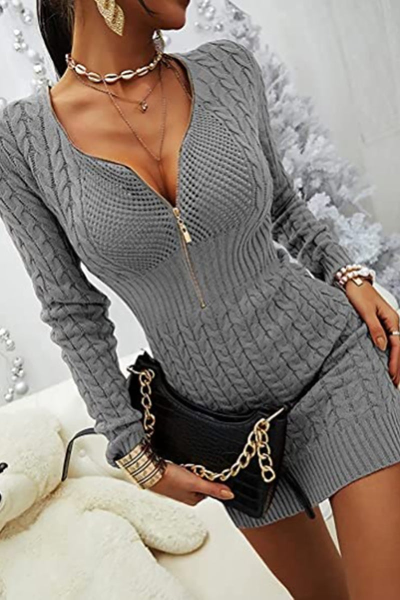 Zipper V Neck Bodycon Sweater Dress - Fashionpara