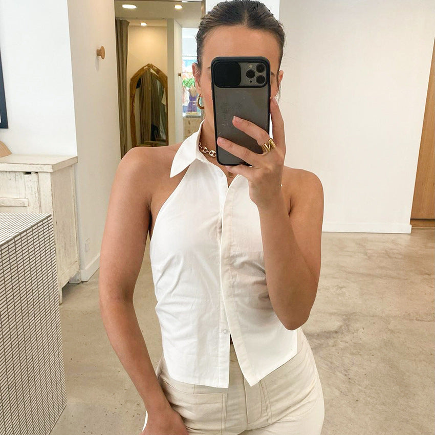 Summer Arrival White Pure Cotton Sexy Sexy Halter Backless Sleeveless Inner Match Small Vest for Women