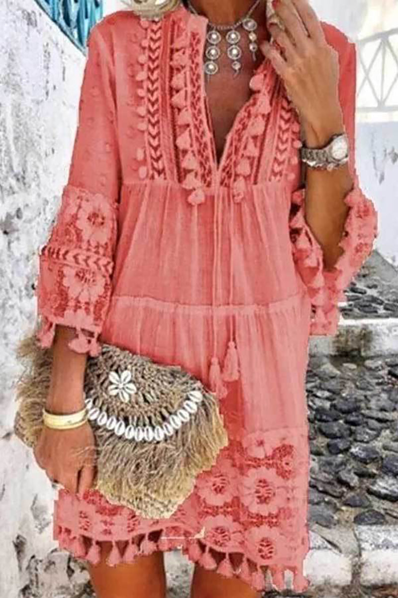 Boho Tassels V Neck Seven Sleeve Dress - Fashionpara