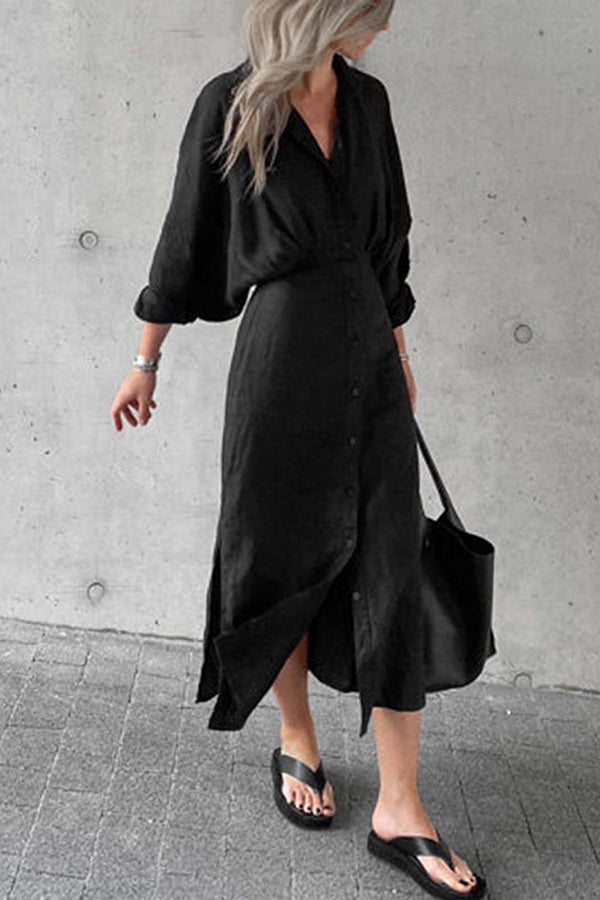 Button Bat Sleeve Midi Shirt Dress - Fashionpara