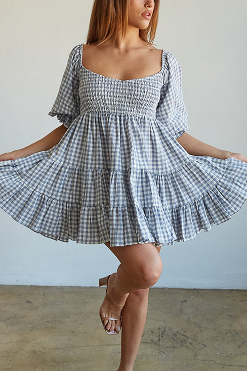 Smocked Gingham Babydoll Dress - Fashionpara