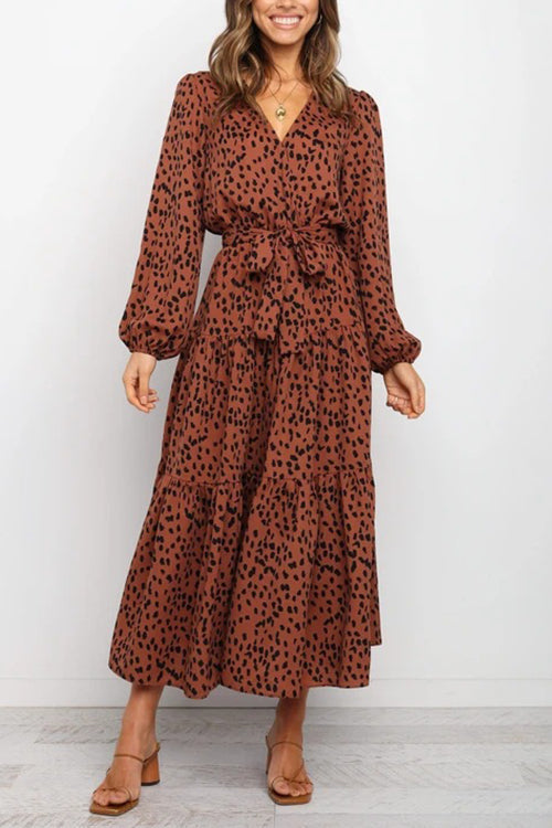 Print Belted Long Sleeve Maxi Dress - Fashionpara