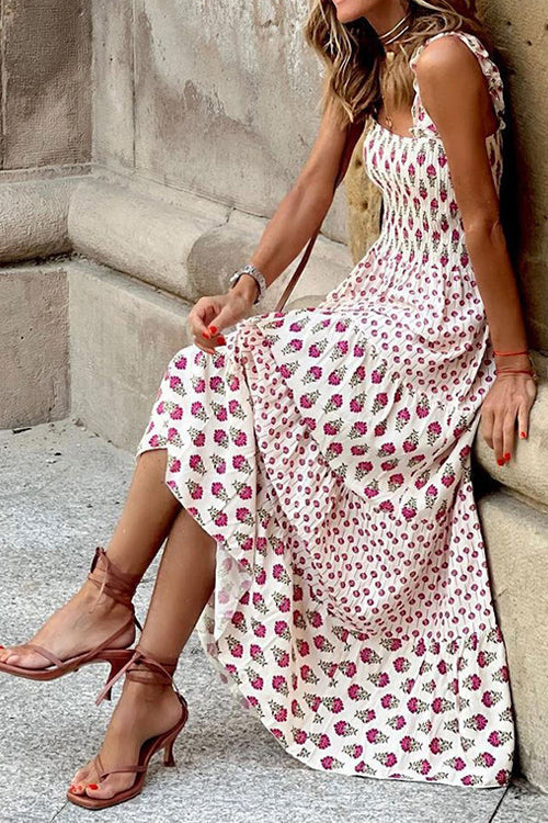 Printed Smocked Ruffle Maxi Dress - Fashionpara