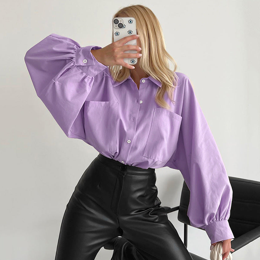 Spring Office Casual Collared Shirt Women  Pocket Batwing Sleeve Cardigan Long Sleeve Top - Fashionpara