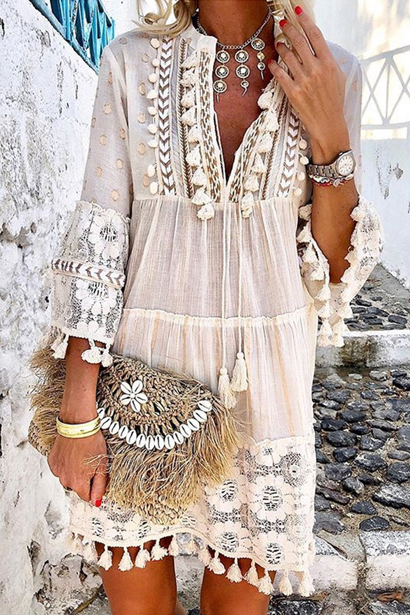 Boho Tassels V Neck Seven Sleeve Dress - Fashionpara