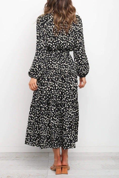 Print Belted Long Sleeve Maxi Dress - Fashionpara